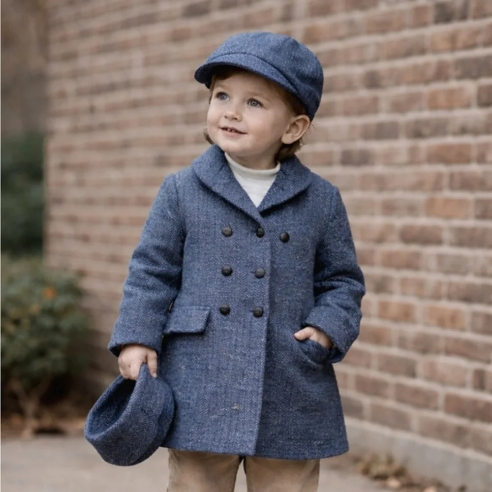 Vintage 1970s F.W. Fischer Blue Tweed Wool Coat‎ Matching Hat Set Union Made USA